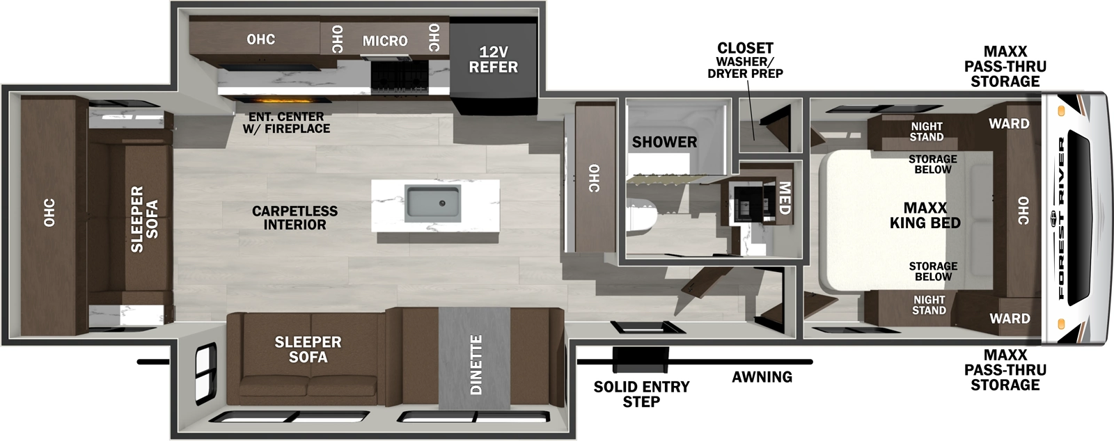 The Wildcat Travel Trailers 278RLX floorplan has one entry and two slide outs. Exterior features include: fiberglass exterior and 20' awning. Interiors features include: kitchen island, front bedroom and rear living.